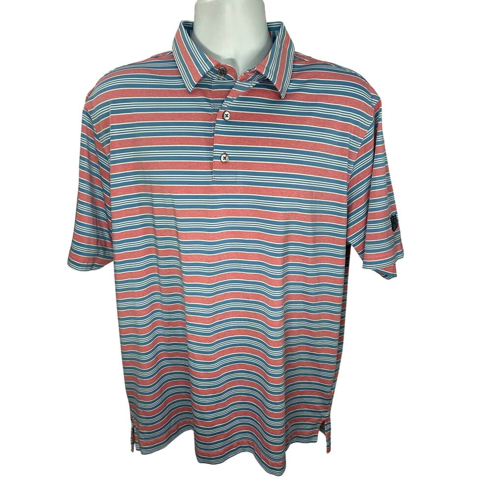 Footjoy FJ Mens L Red White And Blue Striped Golf Polo Embroidered Club Logo